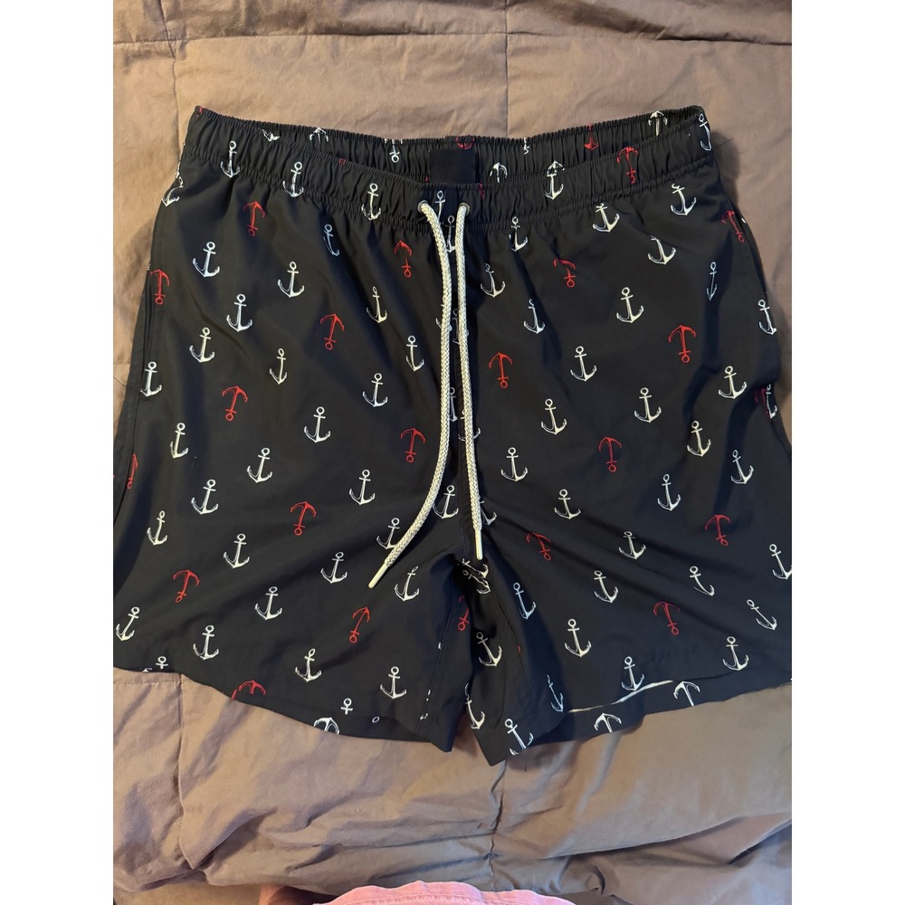 Rainforest Mens Navy Blue Anchor Print Swim Trunks Shorts Large